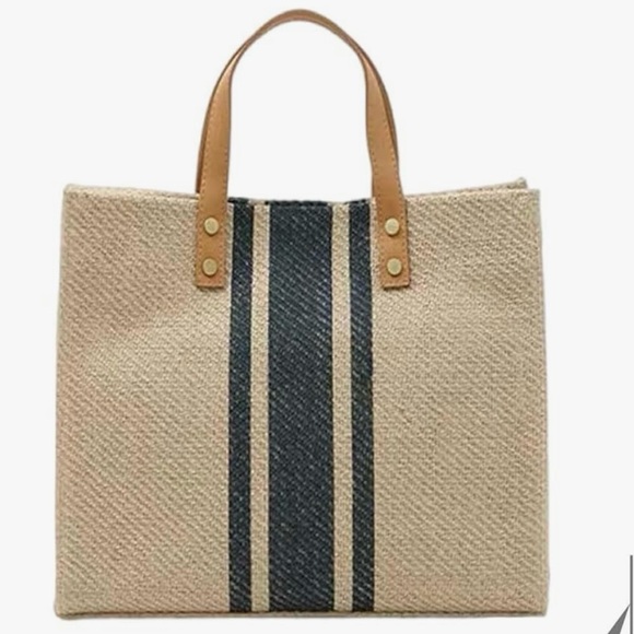 Unbranded Handbags - Structured Canvas Tote Bag Neutral Stripe Commuter & Beach Bag Tan/Black